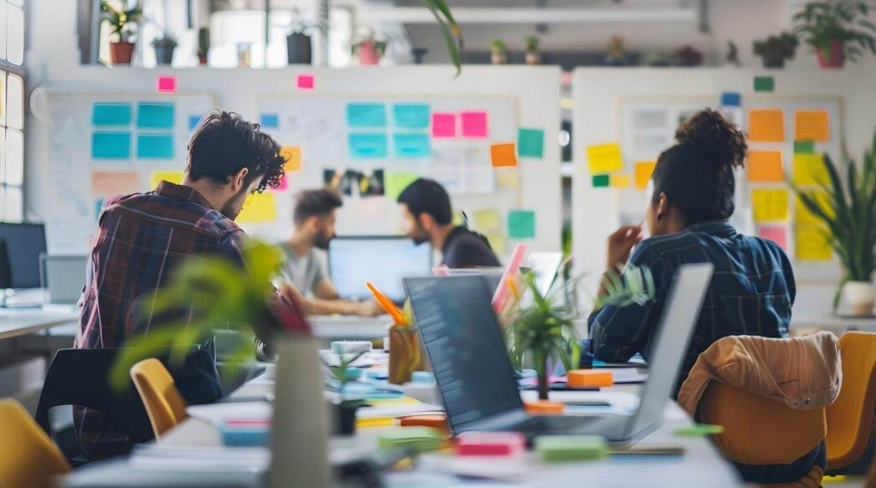 grupo-de-personas-sentadas-en-un-escritorio-con-computadoras-notas-post-it