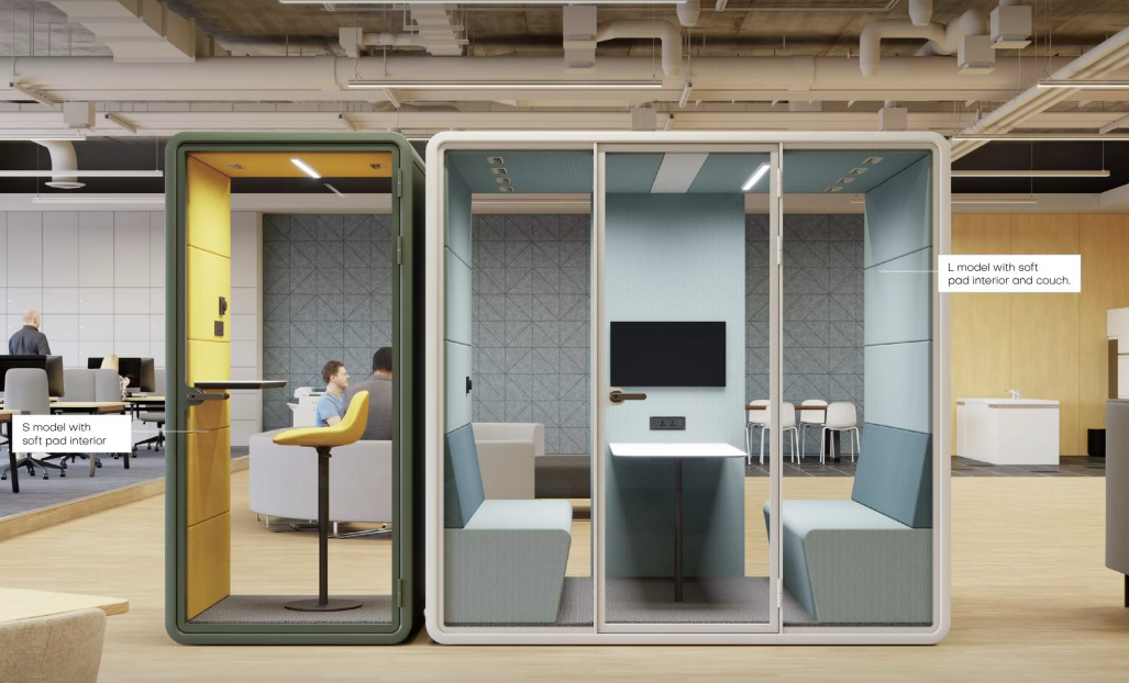 Combinando la cabina telef&oacute;nica modelo S de M&W con la forma del modelo L para crear un espacio de trabajo eficiente.