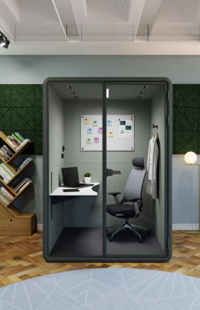 Foto de las cabinas de oficina insonorizadas verdes de M&W.